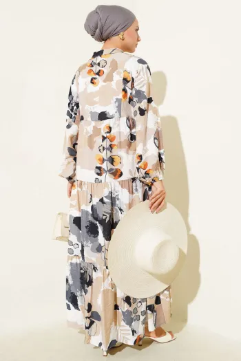 Half Button Colorful Leaf Pattern Dress in Charcoal