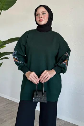 Embroidered Sleeves Emerald Green Knit Sweater