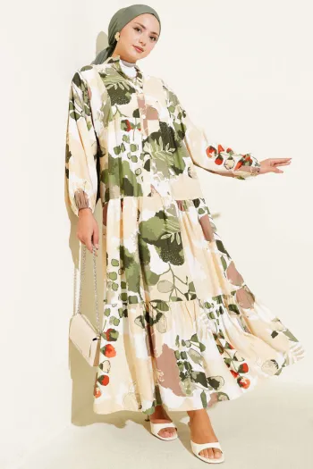 Button-Up Colorful Leaf Patterned Dress in Khaki