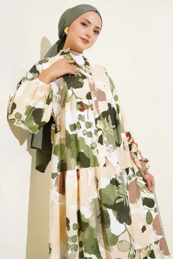 Button-Up Colorful Leaf Patterned Dress in Khaki