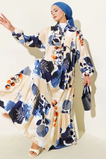 Half Buttoned Colorful Leaf Pattern Dress Blue