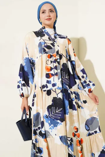 Half Buttoned Colorful Leaf Pattern Dress Blue