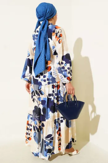 Half Buttoned Colorful Leaf Pattern Dress Blue