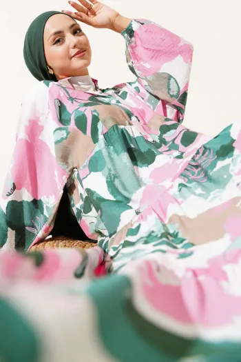 Half Button Colorful Leaf Pattern Dress Pink