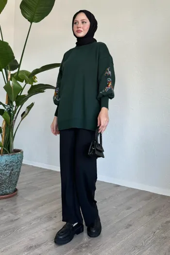 Embroidered Sleeves Emerald Green Knit Sweater