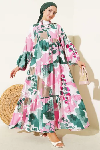 Half Button Colorful Leaf Pattern Dress Pink