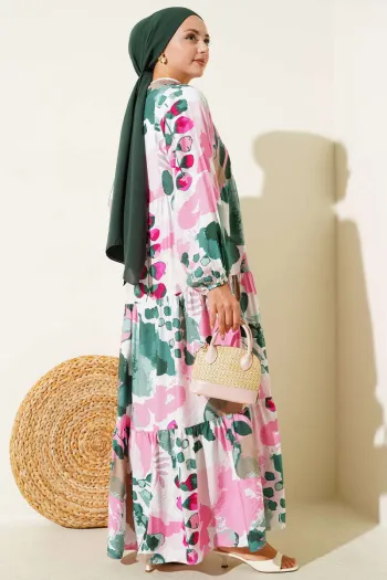 Half Button Colorful Leaf Pattern Dress Pink