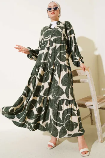 Half Button Detailed Pattern Dress in Khaki