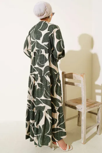 Half Button Detailed Pattern Dress in Khaki