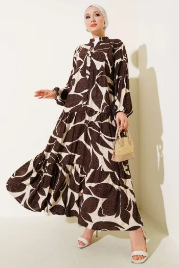 Brown Dress with Half Button and Pattern Details