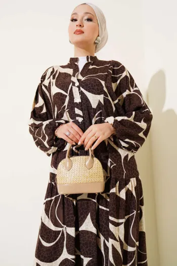 Brown Dress with Half Button and Pattern Details