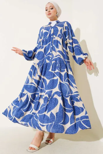 Half Button Detailed Pattern Dress Blue