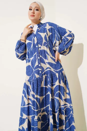 Half Button Detailed Pattern Dress Blue