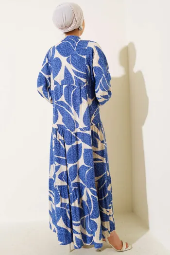 Half Button Detailed Pattern Dress Blue