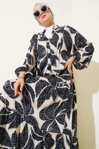 Half-Button Detailed Pattern Dress - Black