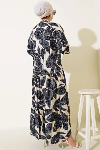 Half-Button Detailed Pattern Dress - Black