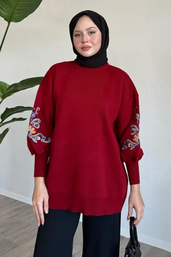 Embroidered Sleeve Red Knit Sweater