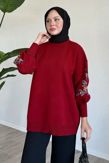 Embroidered Sleeve Red Knit Sweater