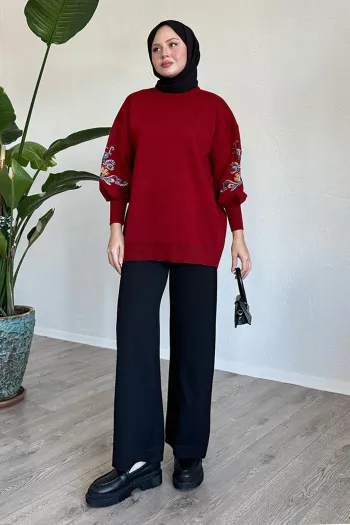 Embroidered Sleeve Red Knit Sweater