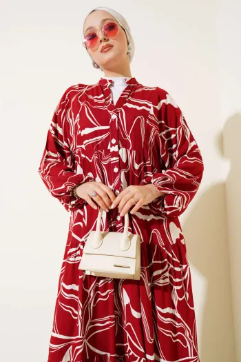 Burgundy Dress with Hakim Collar and Detailed Pattern