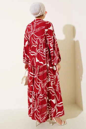 Burgundy Dress with Hakim Collar and Detailed Pattern