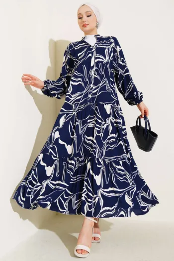 Navy Blue Dress with Detailed Hakim Collar Design