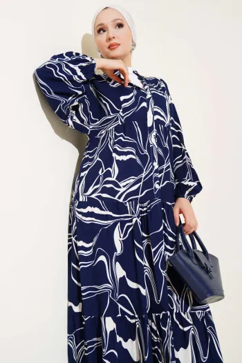 Navy Blue Dress with Detailed Hakim Collar Design