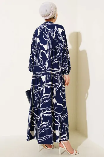 Navy Blue Dress with Detailed Hakim Collar Design