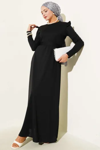 Black Dress with Ruffle Shoulder Detail and Belt