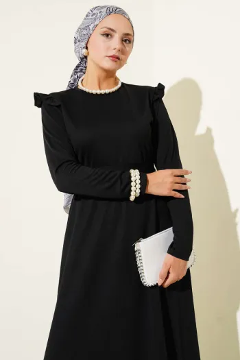 Black Dress with Ruffle Shoulder Detail and Belt
