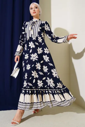 Navy Blue Dress with Ruffled Collar Detail