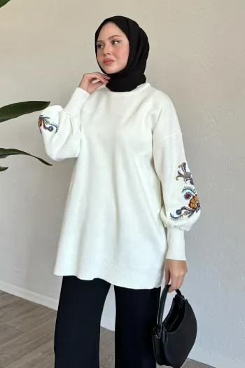 Embroidered Sleeve White Knit Sweater