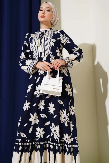 Navy Blue Dress with Ruffled Collar Detail