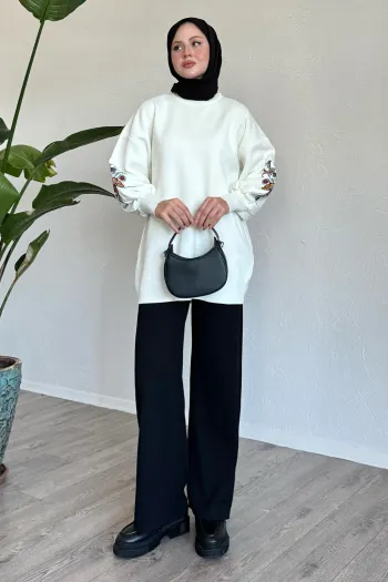 Embroidered Sleeve White Knit Sweater