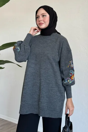 Embroidered Sleeve Gray Knit Sweater