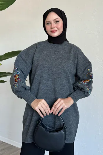 Embroidered Sleeve Gray Knit Sweater