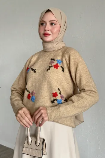 Flower Embroidered Cozy Sweater Camel