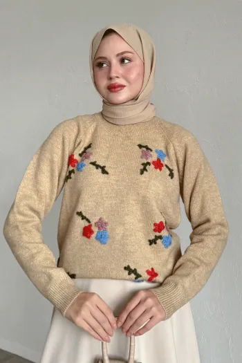 Flower Embroidered Cozy Sweater Camel