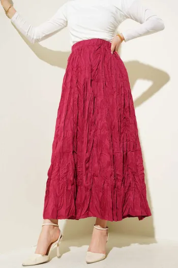 Belted Pleated Crinkled Skirt in Burgundy