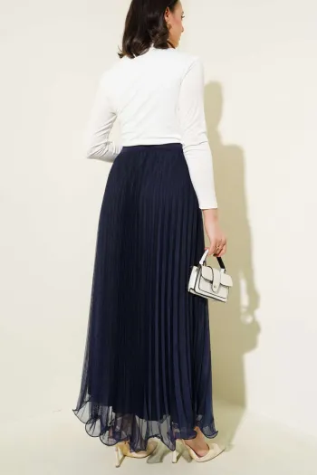 Ruffled Pleated Tulle Skirt Navy Blue
