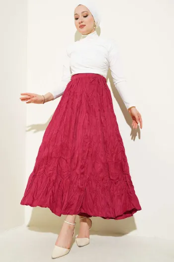 Belted Pleated Crinkled Skirt in Burgundy