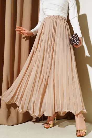 Beige Shirred Chiffon Skirt with Belt