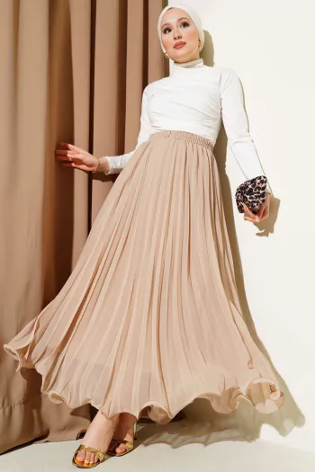 Beige Shirred Chiffon Skirt with Belt