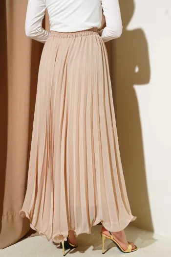 Beige Shirred Chiffon Skirt with Belt