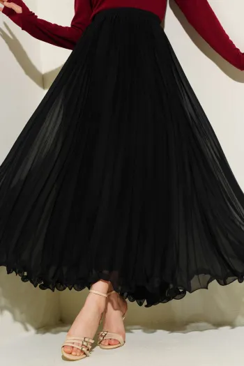 Black Chiffon Pleated Skirt with Belt