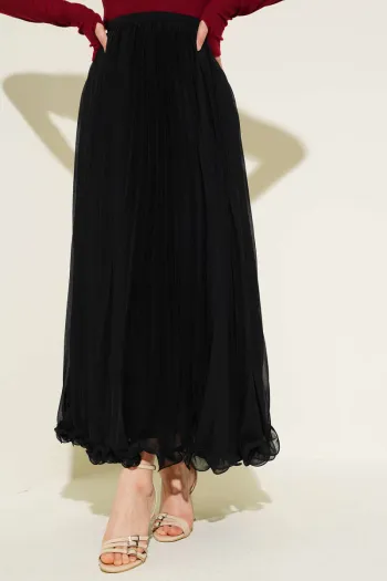 Black Chiffon Pleated Skirt with Belt