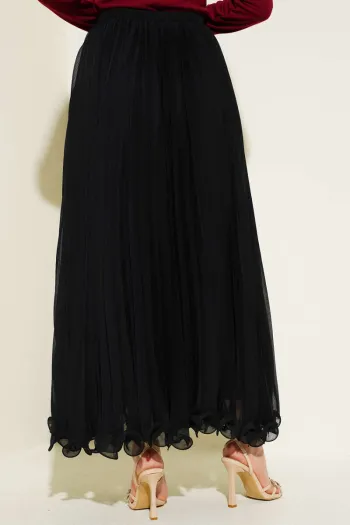 Black Chiffon Pleated Skirt with Belt