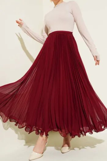 Belted Zippered Chiffon Pleated Skirt Burgundy
