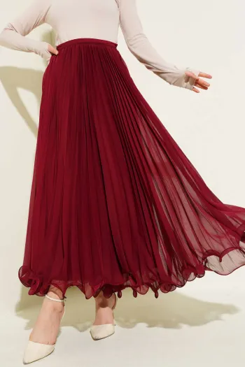 Belted Zippered Chiffon Pleated Skirt Burgundy