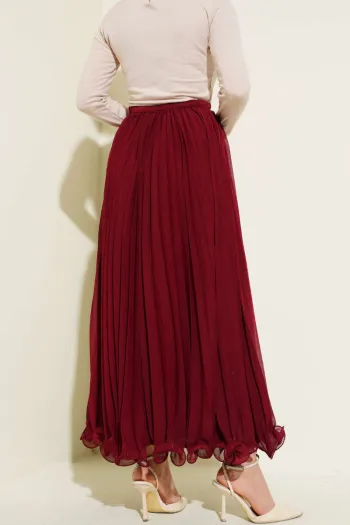 Belted Zippered Chiffon Pleated Skirt Burgundy